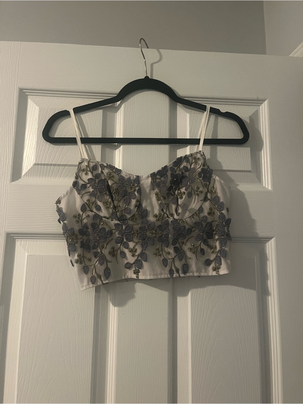 SHEIN White Crop Top with Lavender and Gold Floral Embroidery